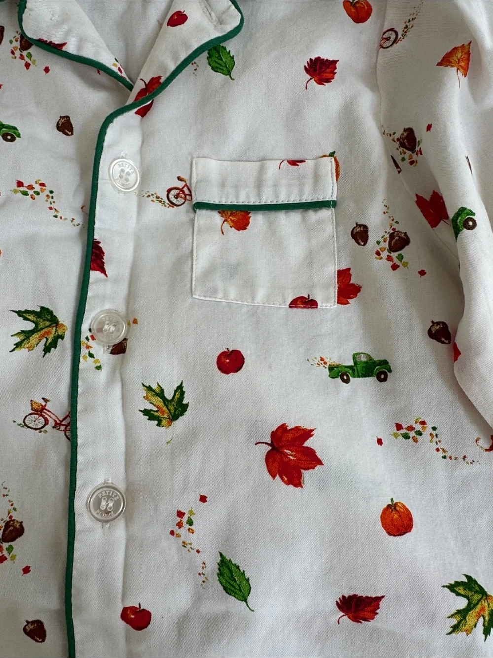 Children's White Autumn Leaf Print Pajama Set with Green Trim